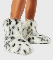 Skinnydip White Leopard Print Fluffy Slipper Boots